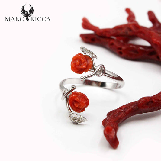 Bague Argent Corail Forme Rose & Feuilles 2