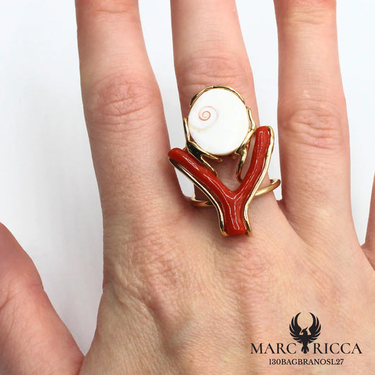 Bague œil de sainte Lucie et branche de corail en vermeil