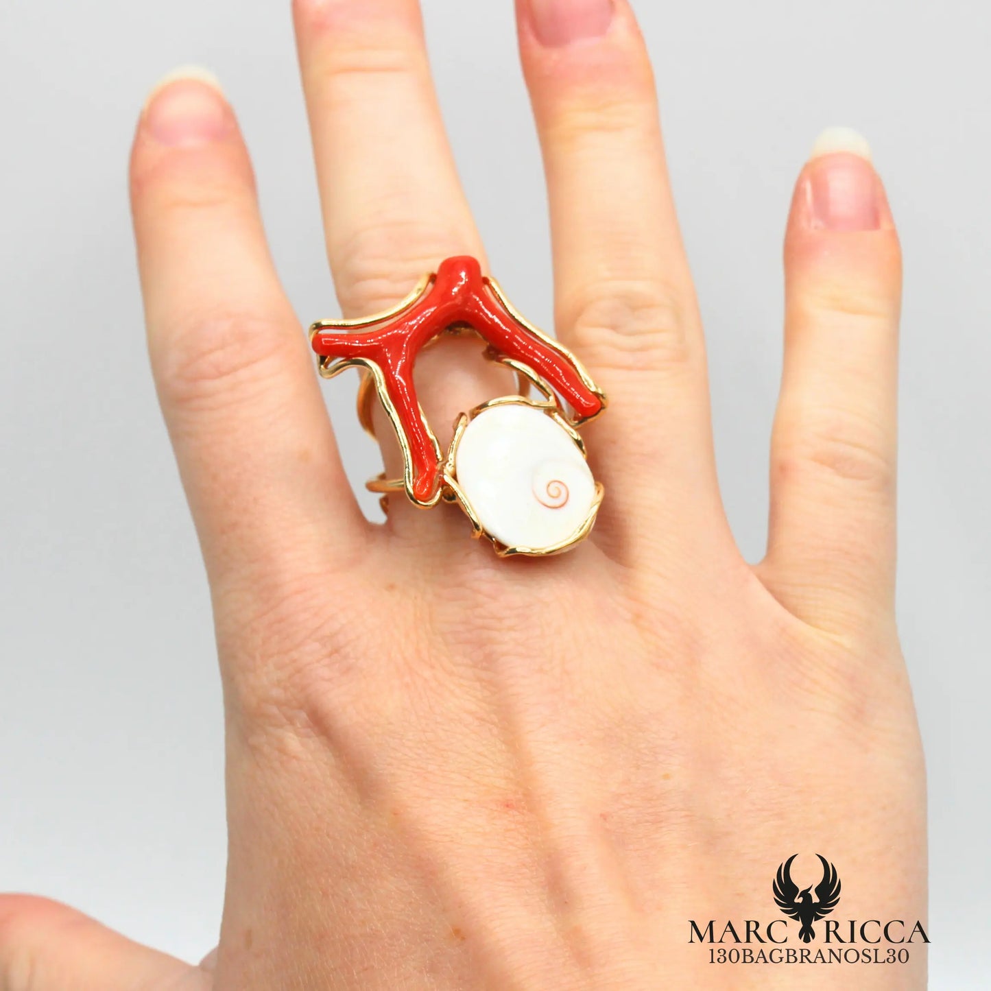 Bague œil de sainte Lucie et branche de corail en vermeil