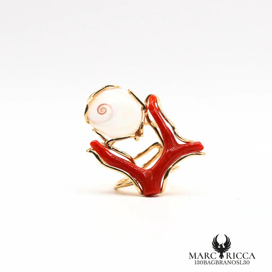 Bague œil de sainte Lucie et branche de corail en vermeil