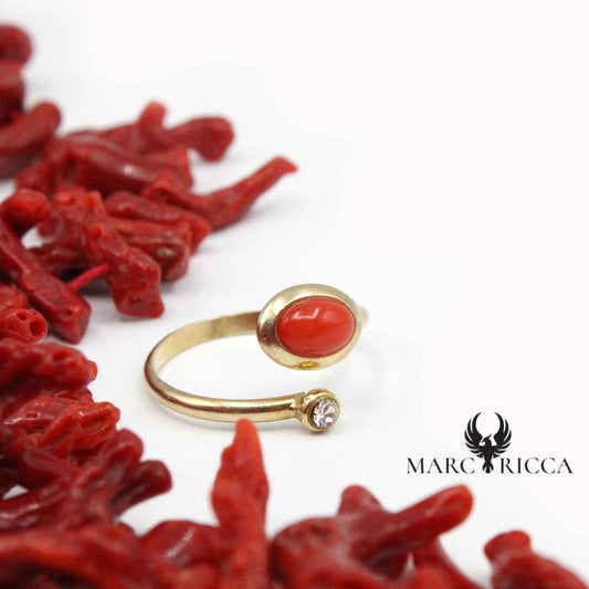 Bague Argent Corail Cabochon Oval & Zirconium