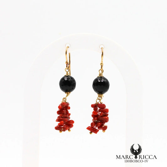 Boucles d'oreilles pendantes corail cupolino et onyx