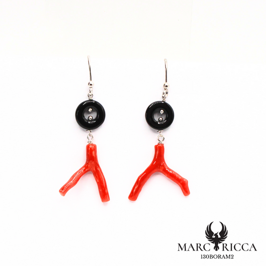 Boucles Argent Branche de Corail & Onyx