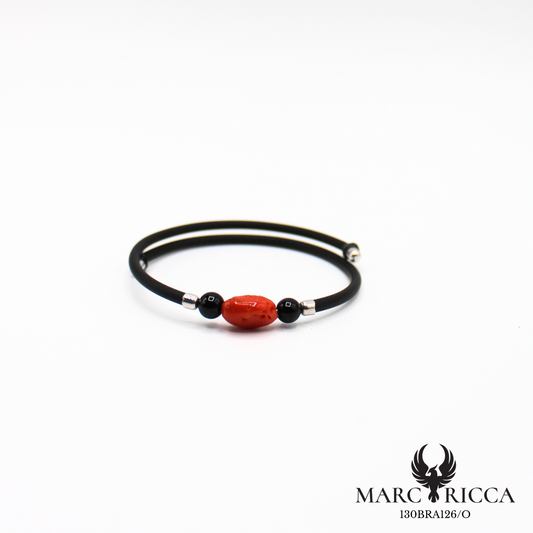 Bracelet jonc en caoutchouc avec perle corail et perles noir