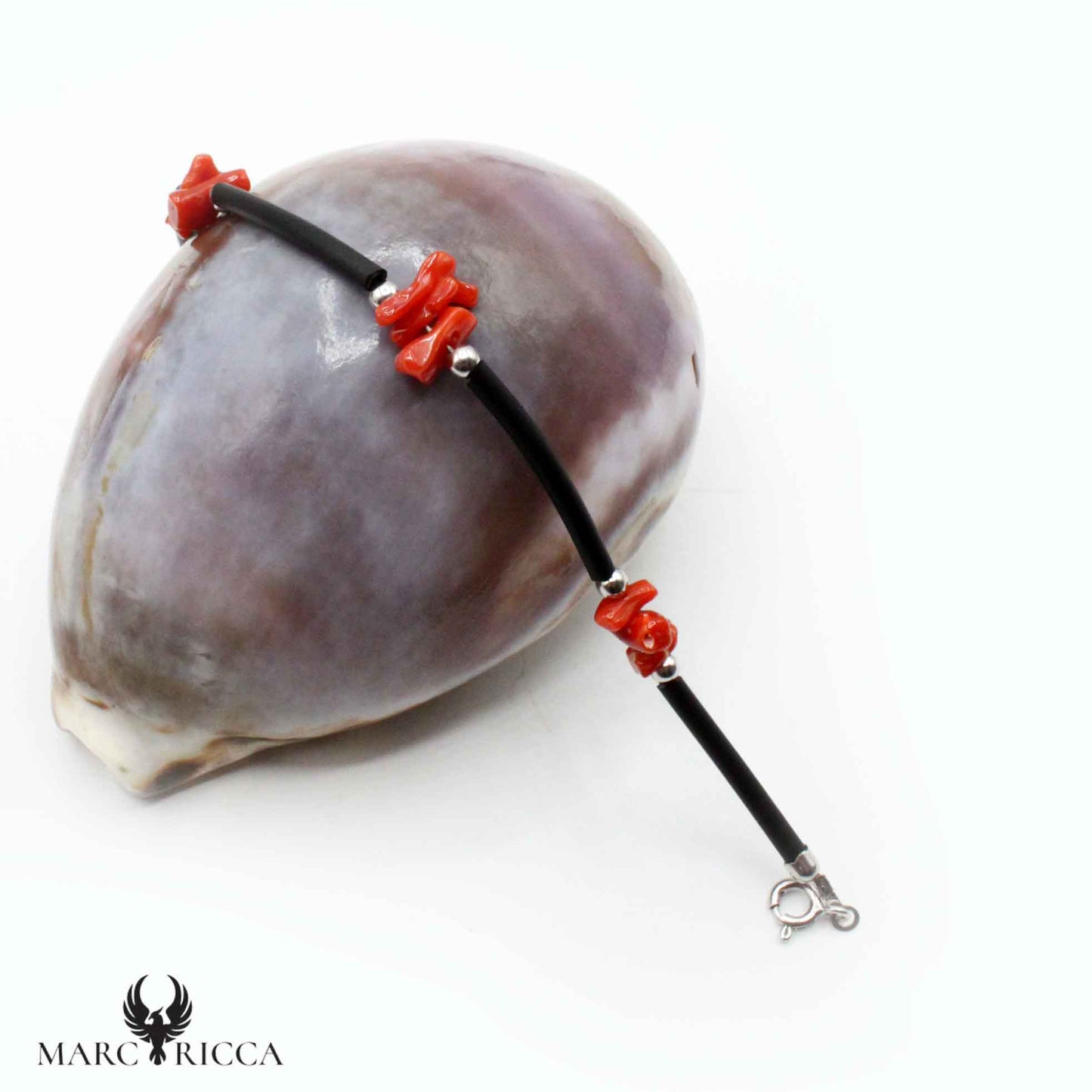 Bracelet Argent Caoutchouc & Corail