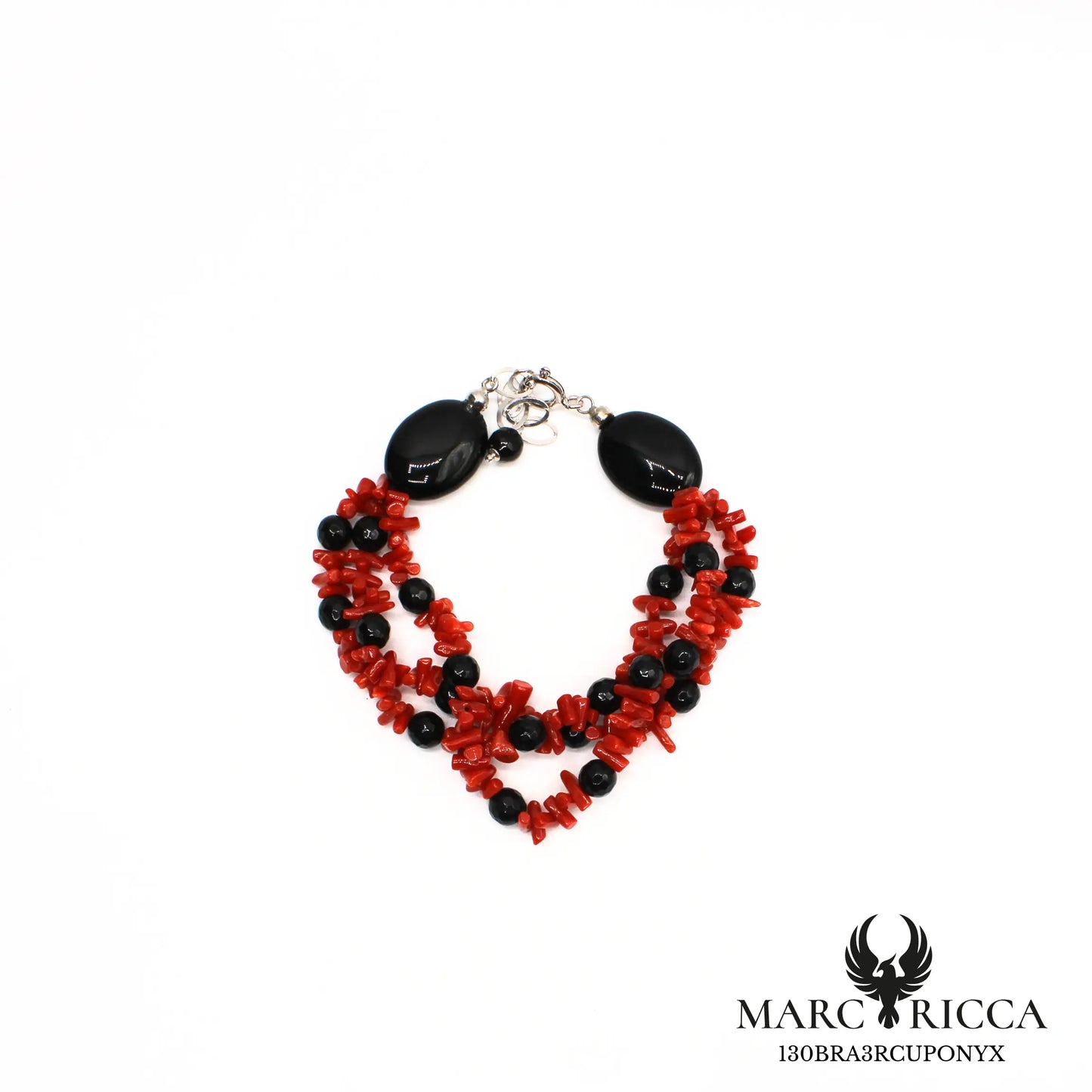 Bracelet 3 rangs en corail cupolino et perles d'onyx