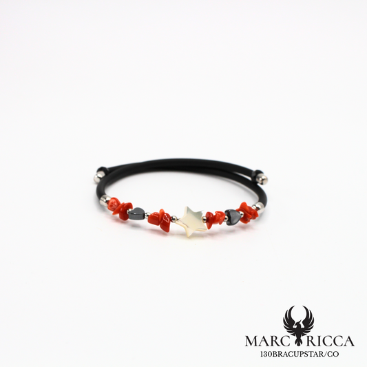Bracelet jonc avec corail, cœurs en hématite et une étoile en nacre