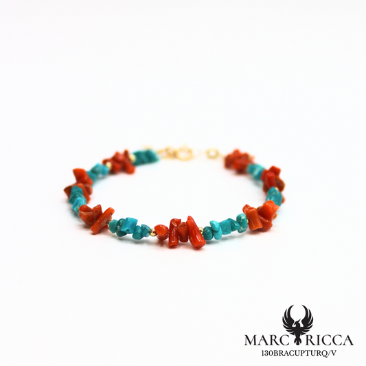 Bracelet corail cupolino et turquoise en vermeil