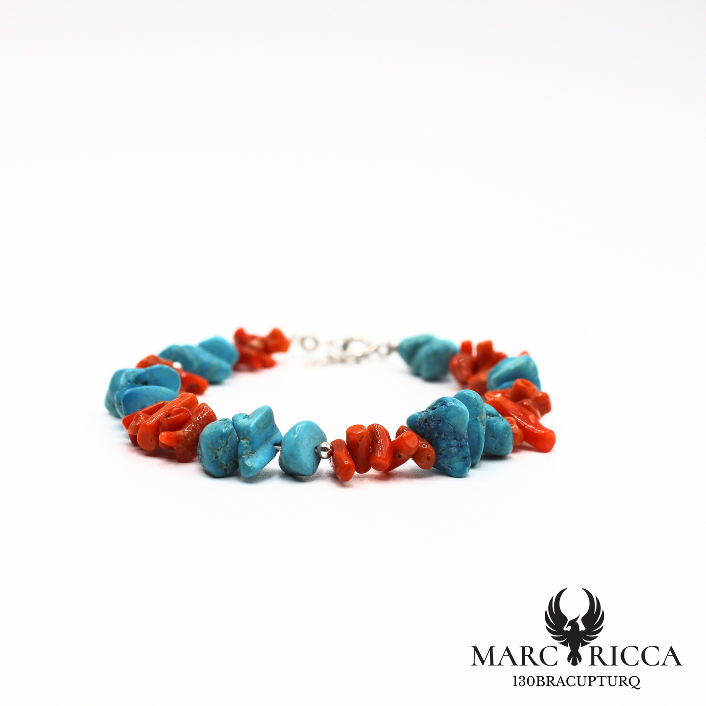 Bracelet en corail cupolino, turquoise et argent