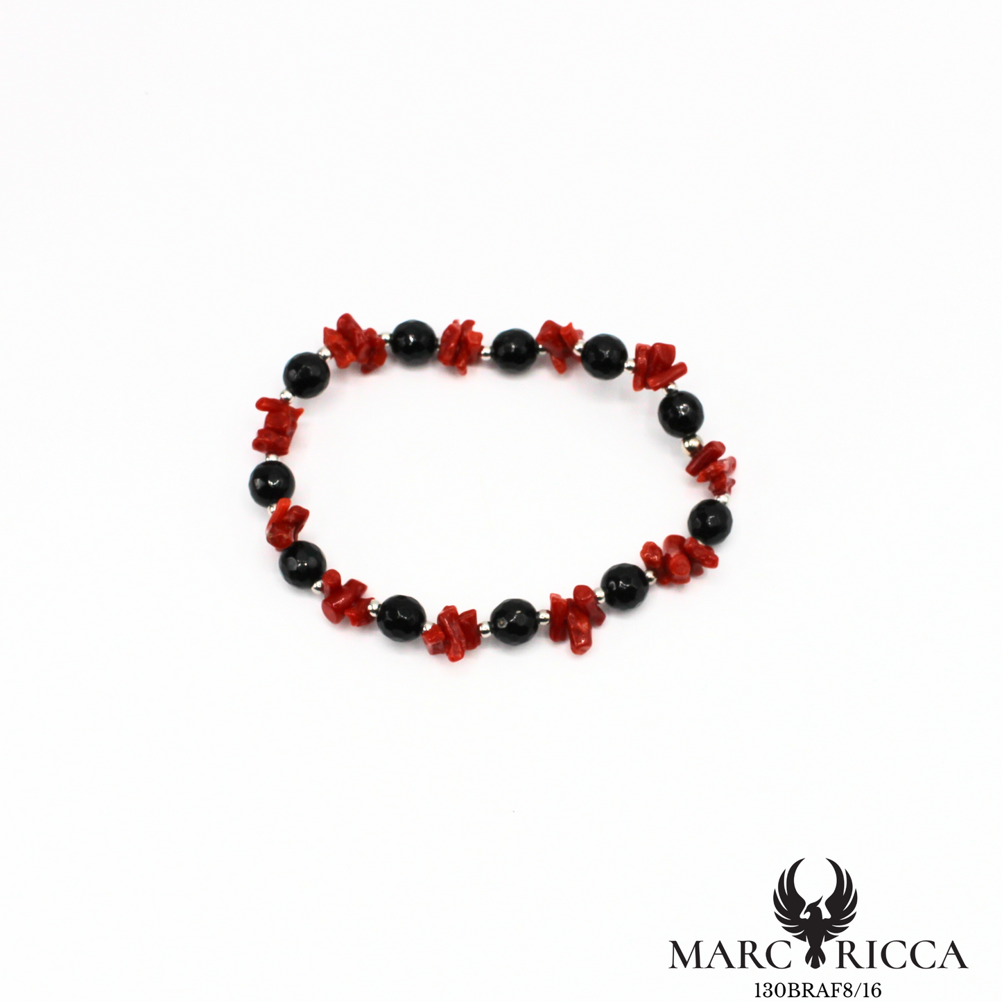 Bracelet élastique corail cupolino et cristal noir argent ou vermeil