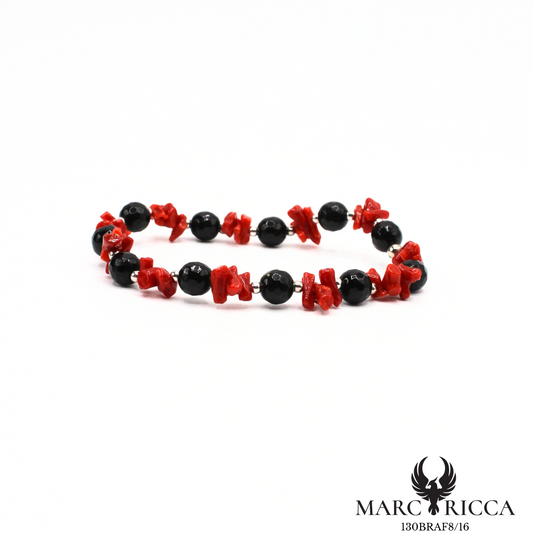 Bracelet élastique corail cupolino et cristal noir argent ou vermeil