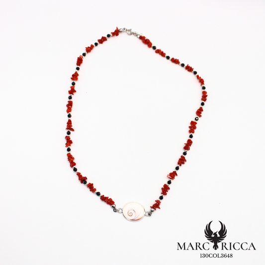Collier corail, œil de Sainte Lucie et cristal noir en argent