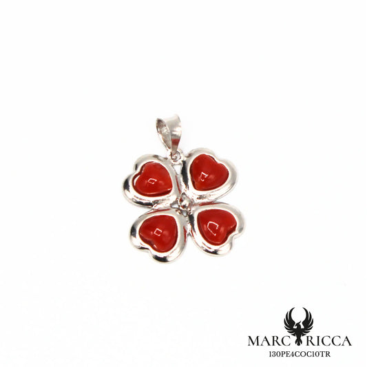 Pendentif trèfle à quatre feuilles avec cœurs en corail