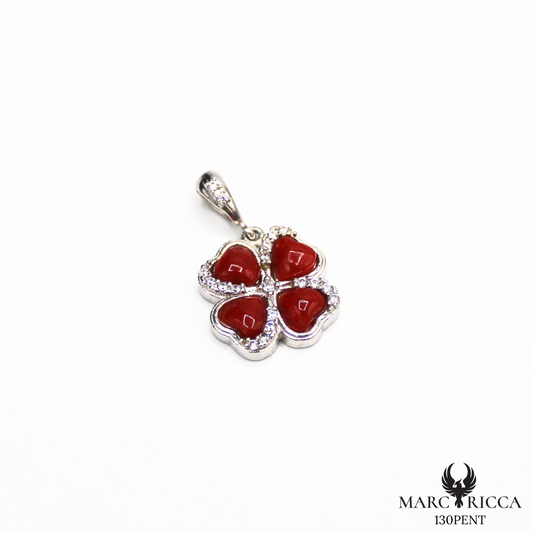 Pendentif Trèfle en argent avec corail et zirconium