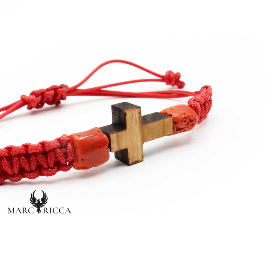 Bracelet Cordon Macramé, Corail & Croix en Olivier