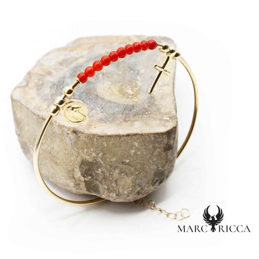 Bracelet Jonc Argent Madone, Croix & Corail Vermeil