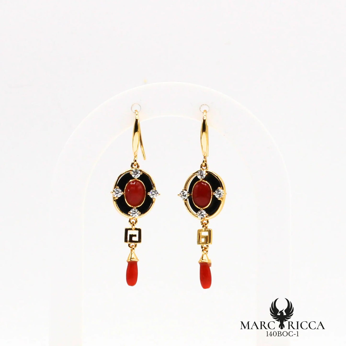Boucles d'oreilles pendantes corail onyx et zirconium