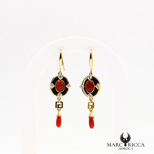 Boucles d'oreilles pendantes corail onyx et zirconium