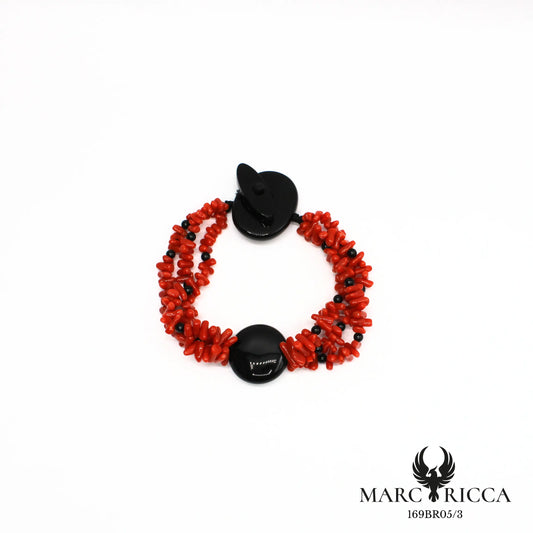 Bracelet 3 rangs en corail cupolino avec rond en onyx