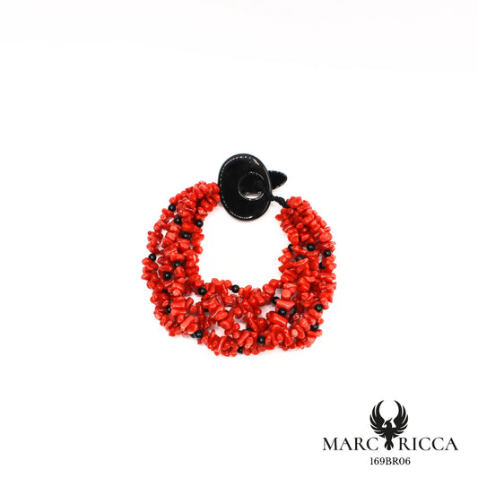 Bracelet 6 rangs en corail cupolino et perles en onyx