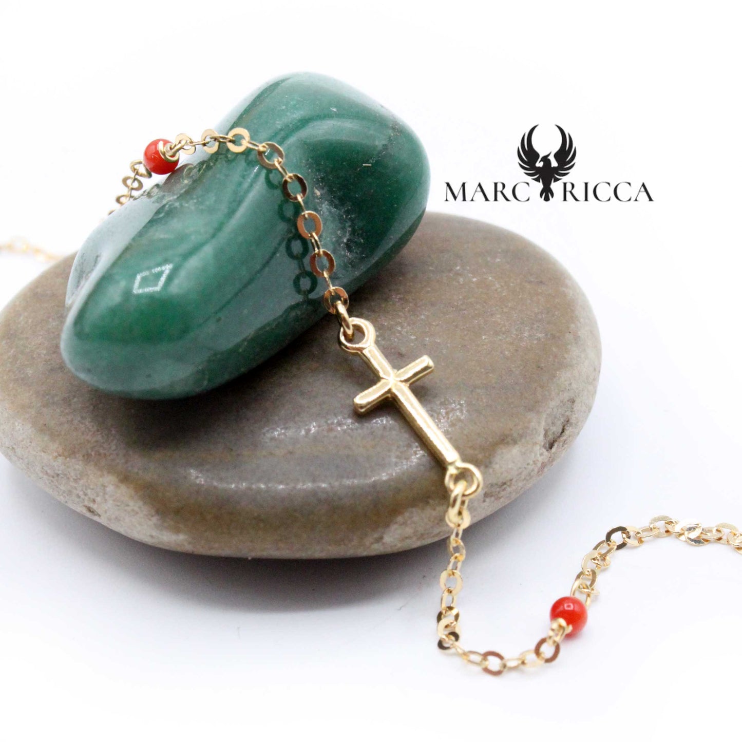 Bracelet Or Chainette Croix Perles Corail