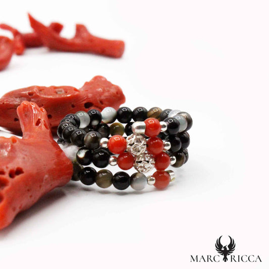 Bague Argent Corail & Perles Rangs
