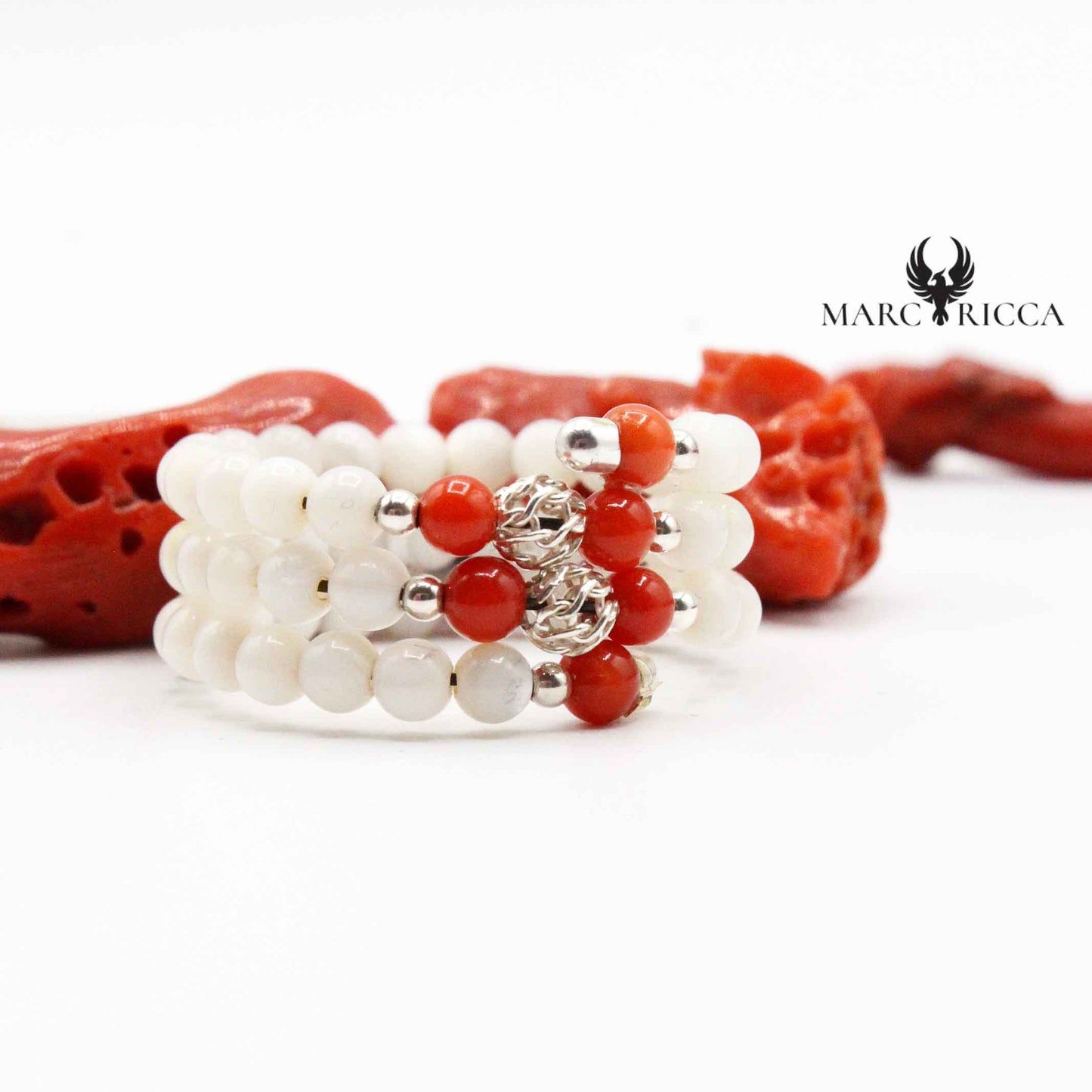 Bague 3 Rangs Corail & Perles Blanches