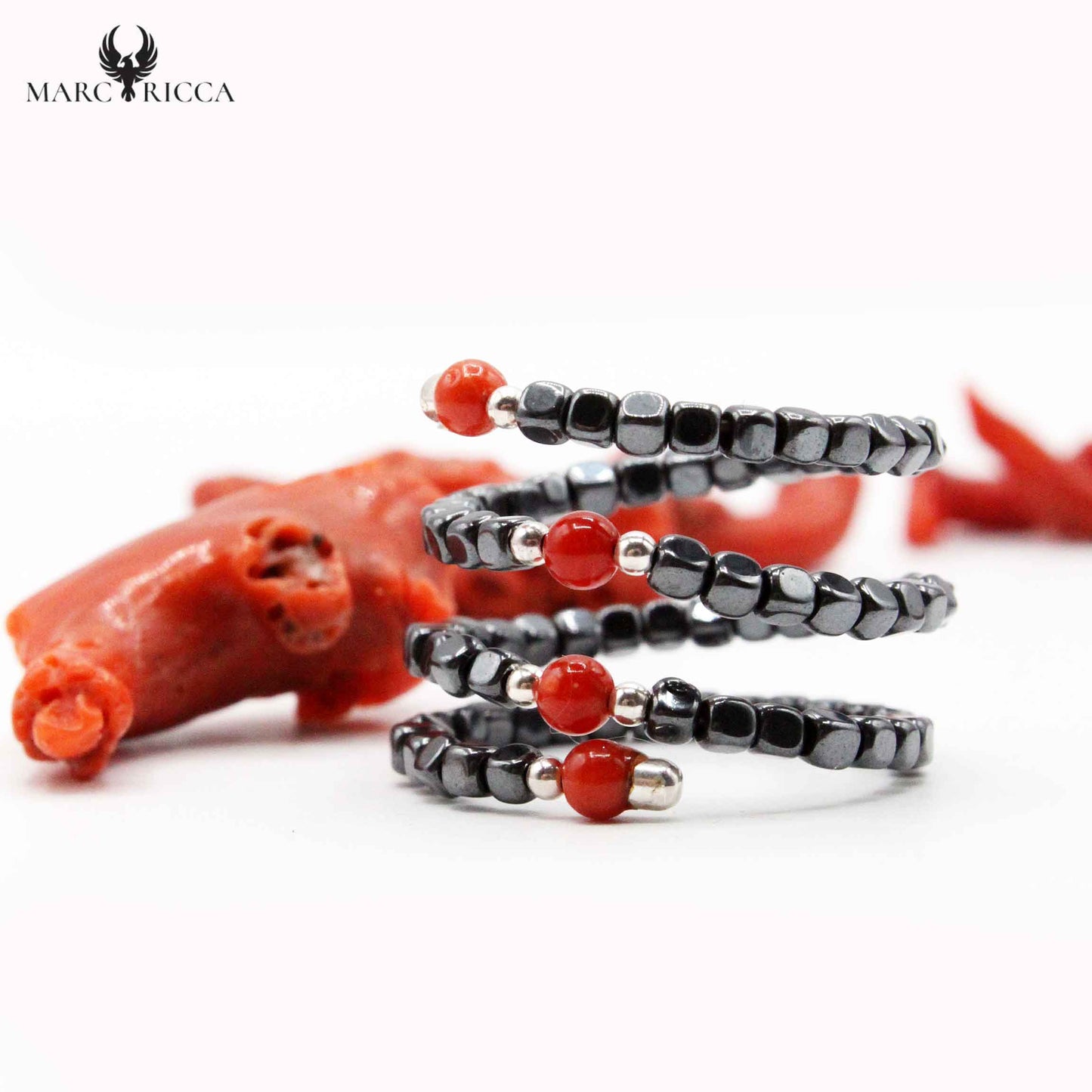 Bague Argent Corail & Hématite Rangs