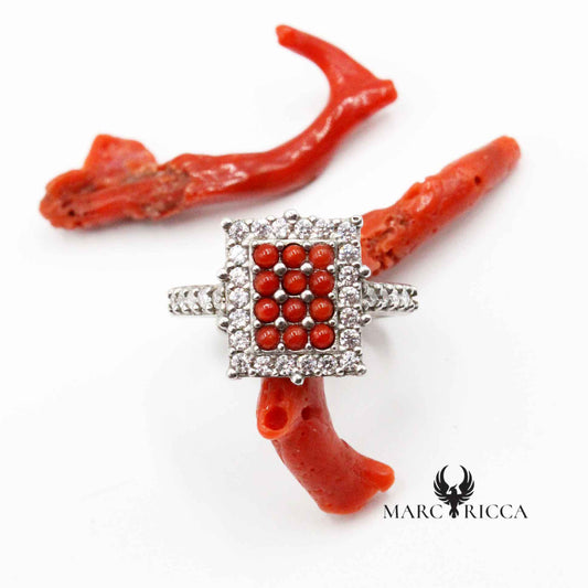 Bague Carrée Corail, Zirconium & Argent