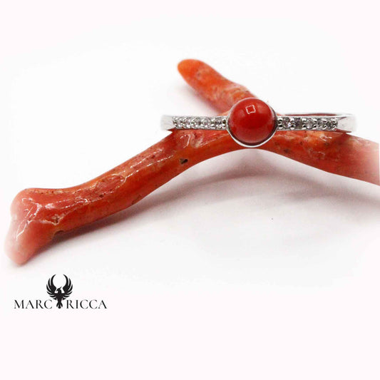 Bague Anneau Zirconium, Corail & Argent