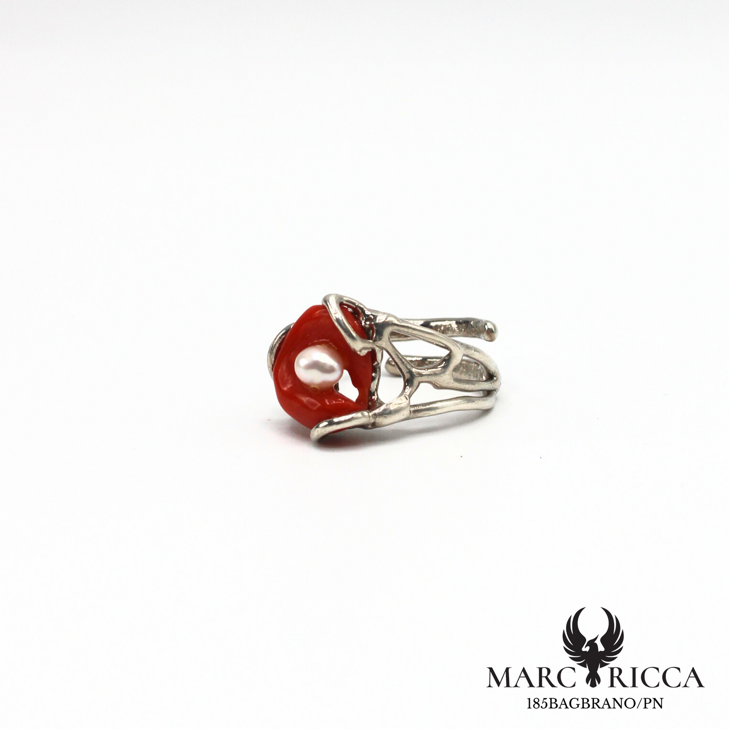 Bague en argent 925 avec anneau de corail et une perle