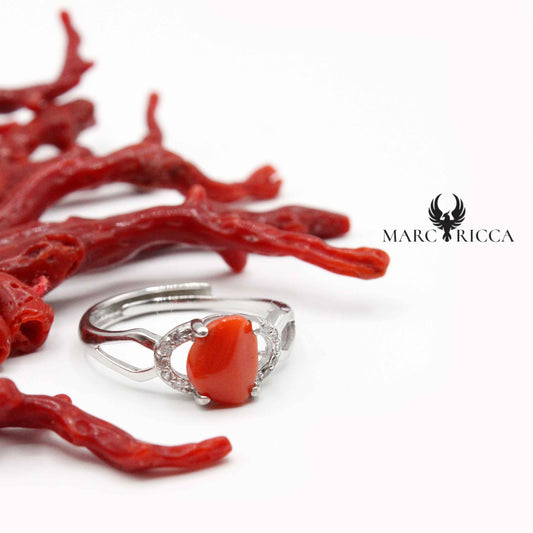 Bague Argent Corail Cabochon & Zirconium