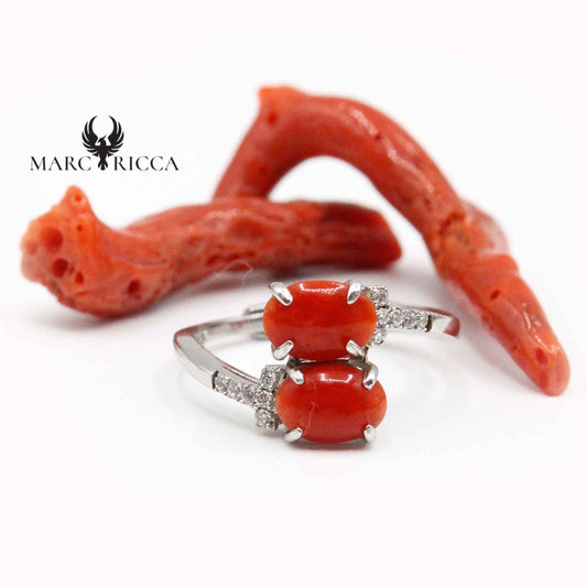 Bague Argent Corail Double Cabochon & Zirconium