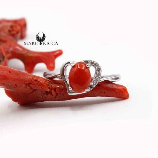 Bague Cœur Cabochon Corail, Zirconium & Argent