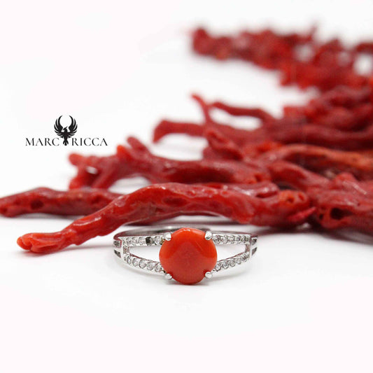 Bague Argent Corail Cabochon & Zirconium