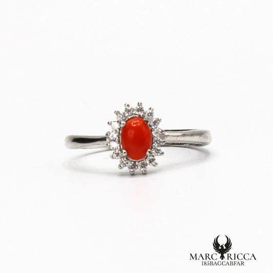 Bague cabochon corail contour zirconium en argent