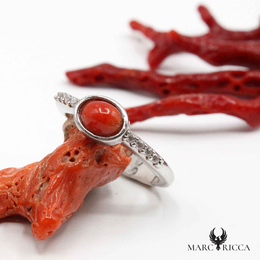 Bague Cabochon Ovale Corail, Zirconium & Argent