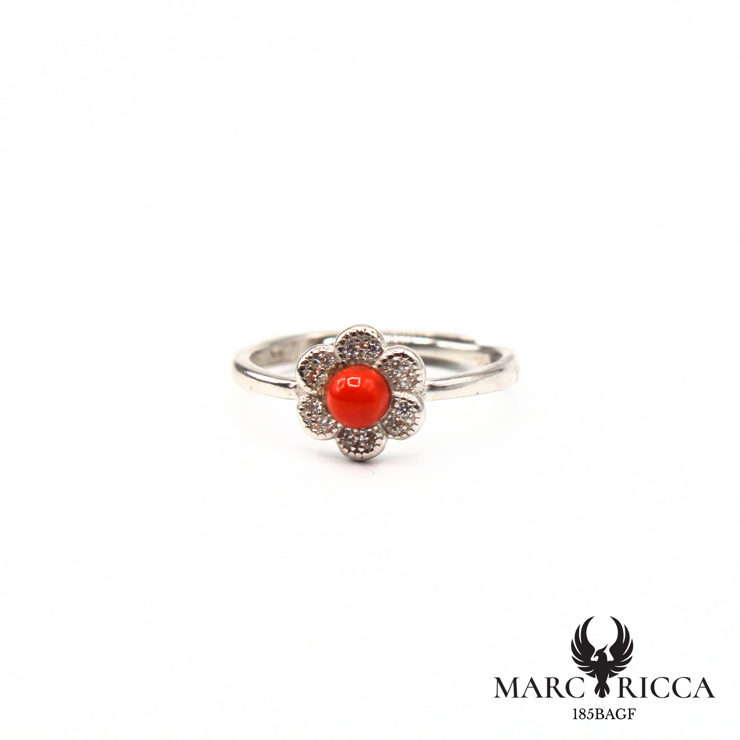 Bague fleur corail et zirconium en argent