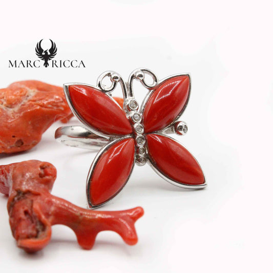 Bague Argent Corail & Zirconium Papillon