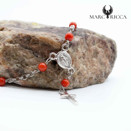 Bracelet Argent Perles Corail, Croix & Madone