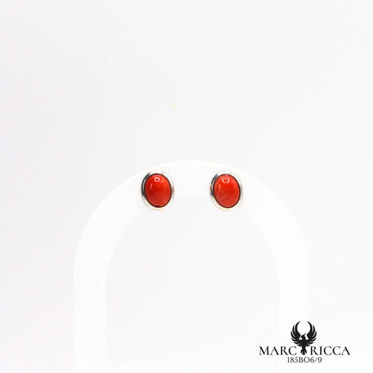 Boucles d'oreilles clous cabochon corail en argent
