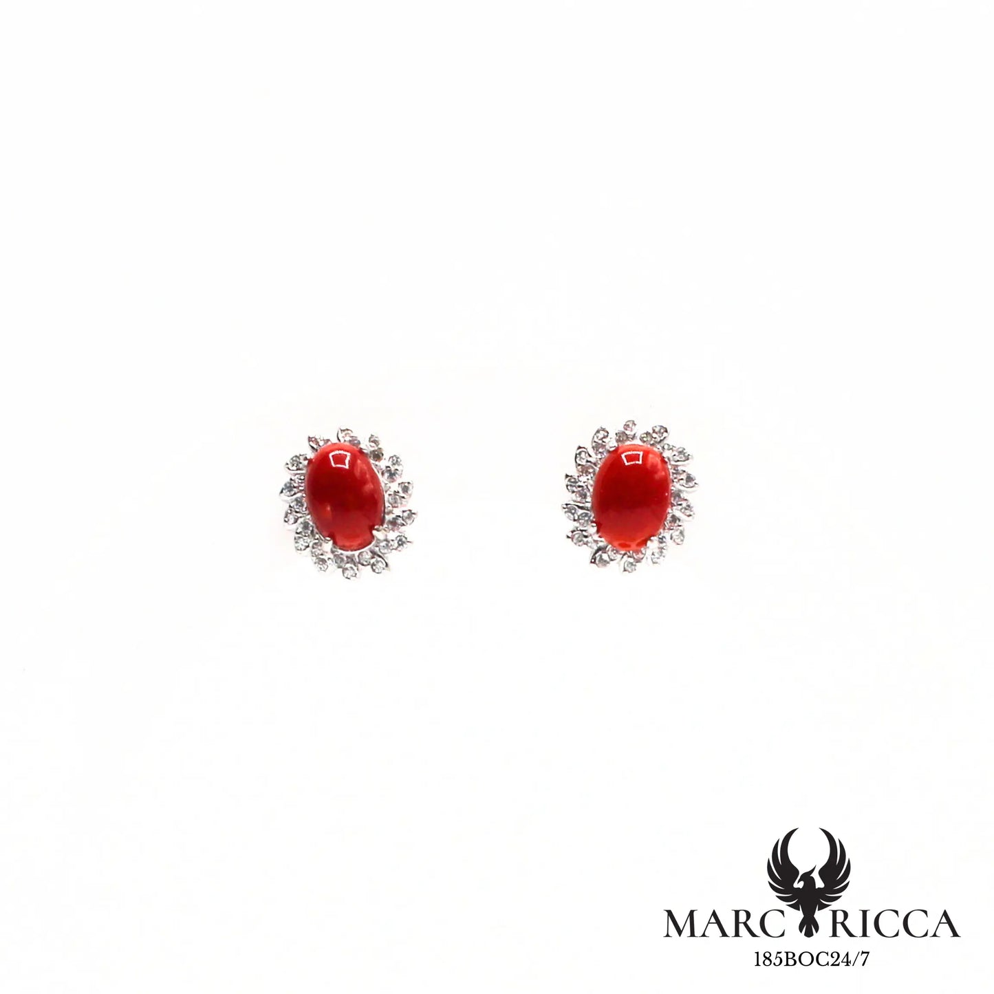 Boucles d'oreilles clous corail et zirconium en argent
