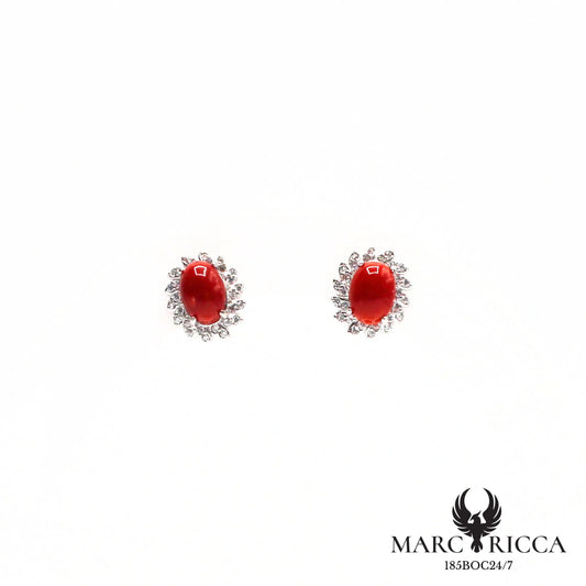Boucles d'oreilles clous corail et zirconium en argent
