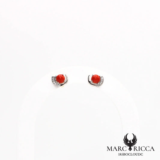 Boucles d'oreilles clous corail rond et demi cercle zirconium en argent