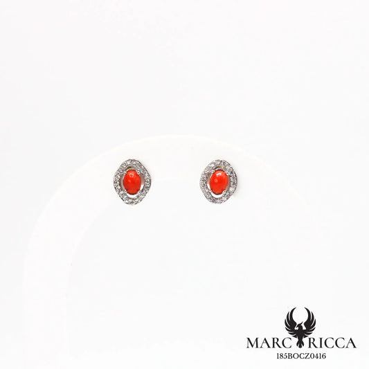 Boucles d'oreilles clous ovales avec corail et zirconium en argent
