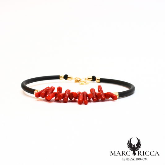 Bracelet jonc en corail cupolino et caoutchouc en vermeil