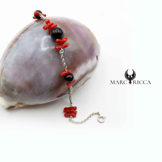 Bracelet Argent Onyx & Corail