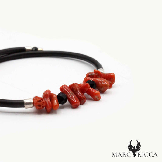 Bracelet Jonc Argent Caoutchouc Corail & Cristaux