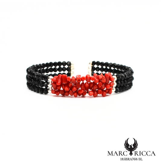 Bracelet jonc corail et cristal noir 3 rangs