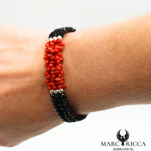 Bracelet jonc corail et cristal noir 3 rangs